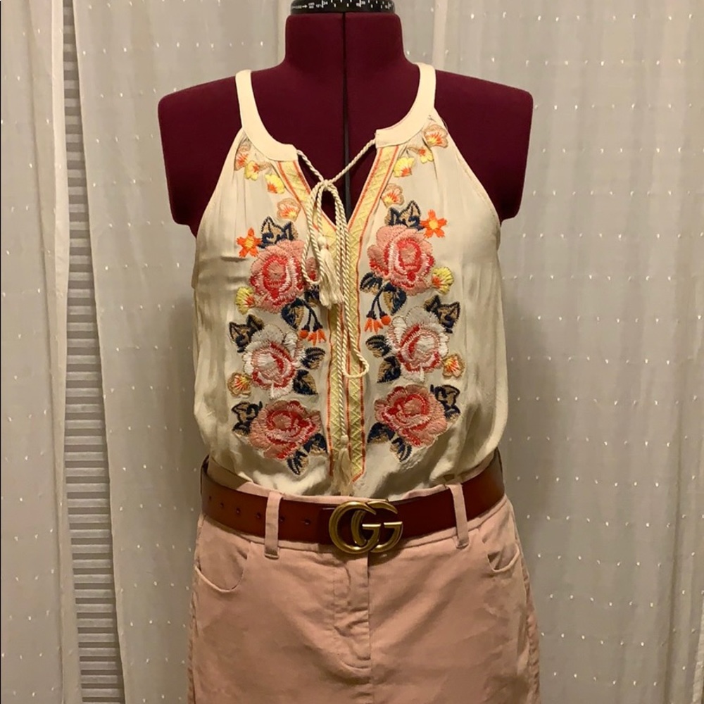 Cream Floral Embroidered Tank Top